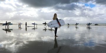 surfers, beach, afternoon