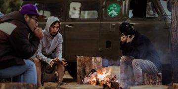 camping, friends, bonfire